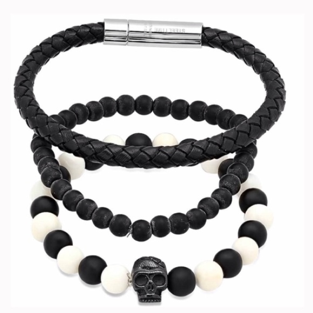 STEELTIME Black & White Bracelet Set w/Skull Bead